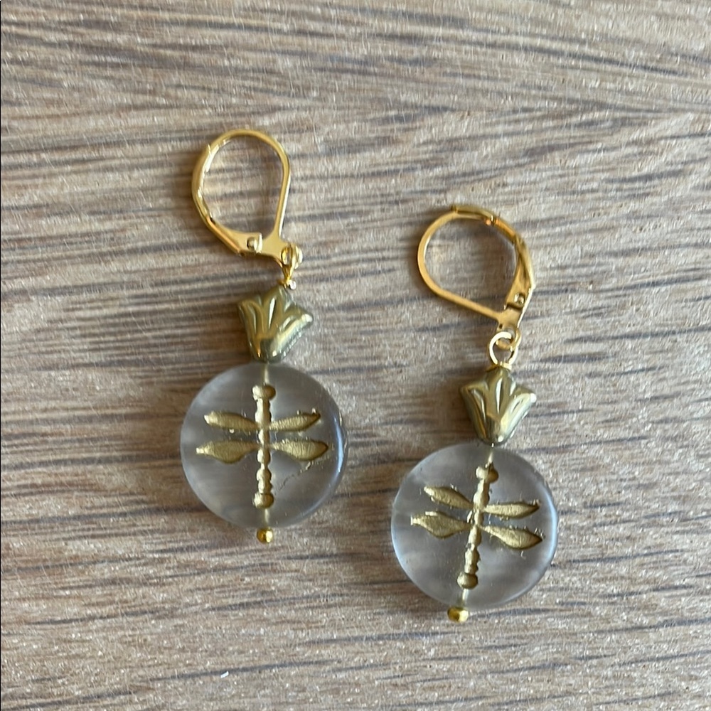 HAND CRAFTED PIERCED EARRINGS Czech Glass Dragonflies  Floral Gold White